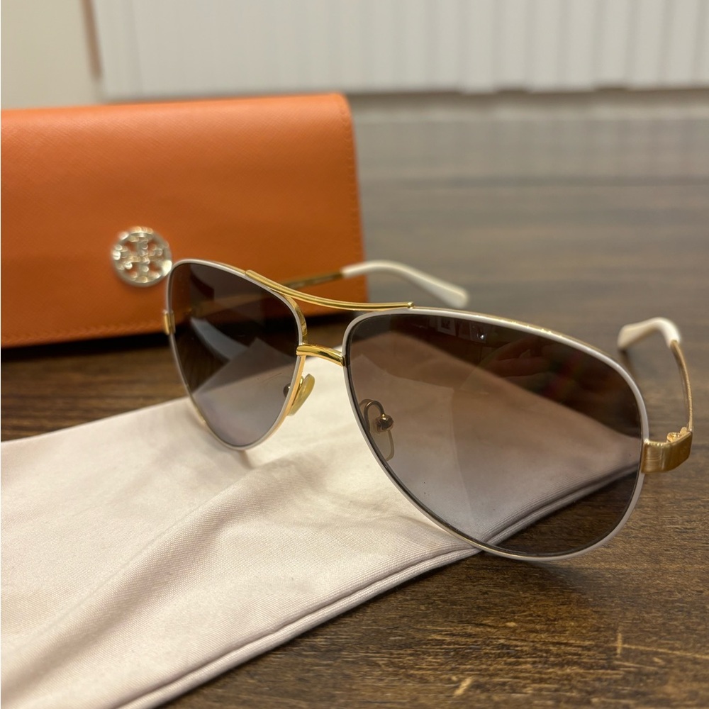 Tory Burch Gold and White Aviator Sunglasses